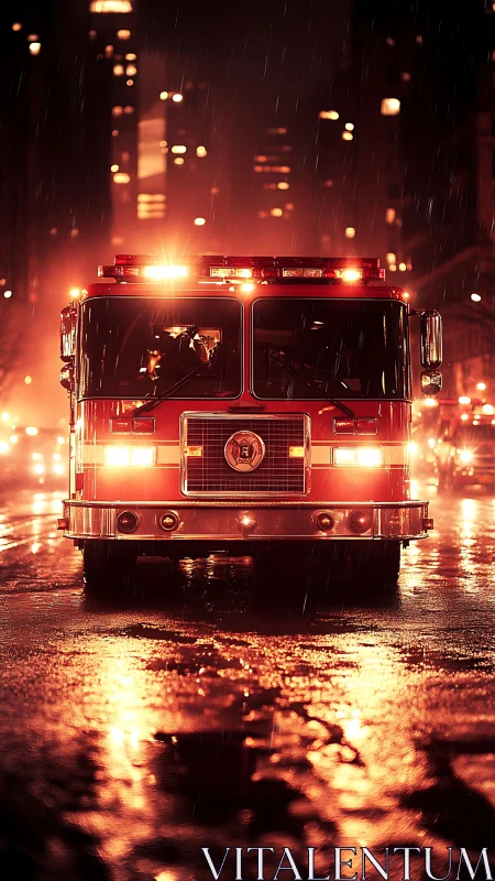 Emergency Response Vehicle with LED Emergency Lighting in Urban Rainstorm