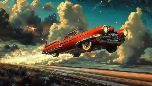 Red retro flying car over highway in dramatic sky scene.