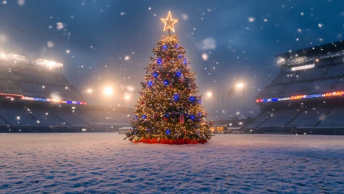 Illuminated Christmas tree on snow covered football field at night