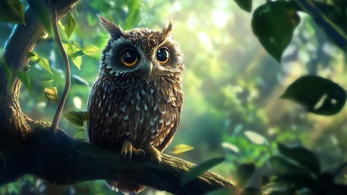 Adorable wide-eyed owl perched on a branch in dreamy forest art.