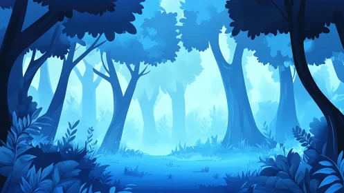 Mystical Blue Forest Landscape with Glowing Light