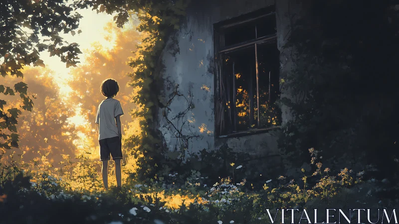 Boy before sunlit ruins beside overgrown windowed wall.