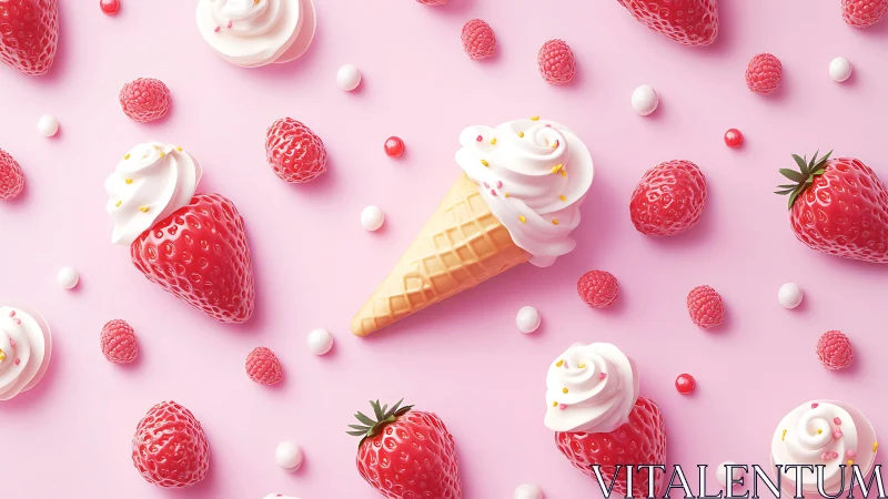 Strawberry ice cream cone rests among glossy berries on pink