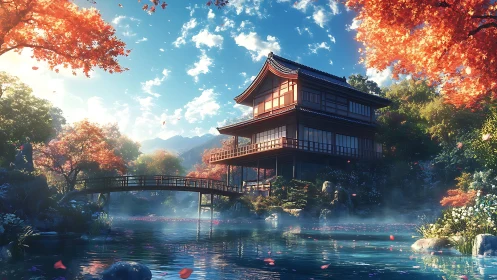 Lakeside Japanese house with bridge under autumn foliage.