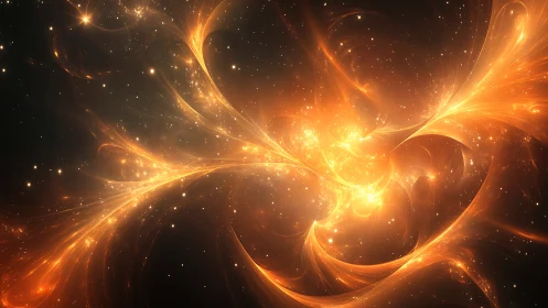 Luminous orange energy swirls across deep space field.