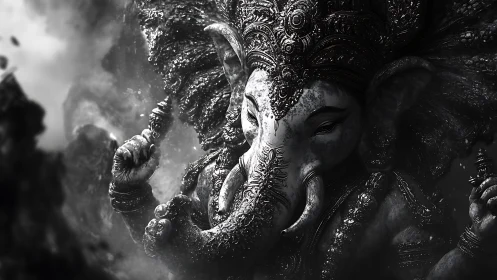 Detailed monochrome depiction of ornate elephant deity.