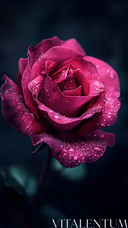 Stunning Magenta Rose Glistens With Fresh Dewdrops