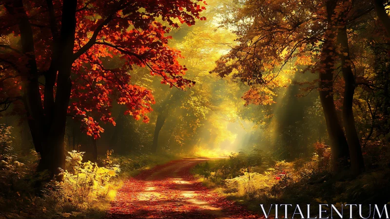 Forest pathway with autumn foliage and filtered sunlight