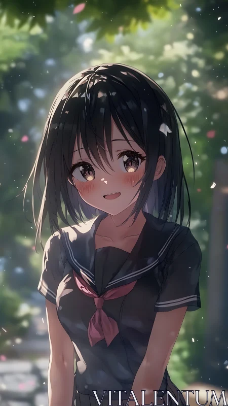 Smiling schoolgirl stands outdoors under soft dappled light