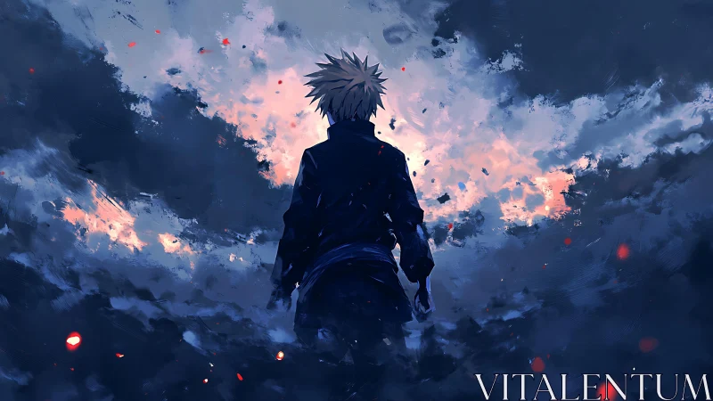 Stormlit wanderer framed by wild painted twilight clouds.