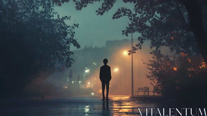 Silhouette under rainlit streetlamps in misty night park.