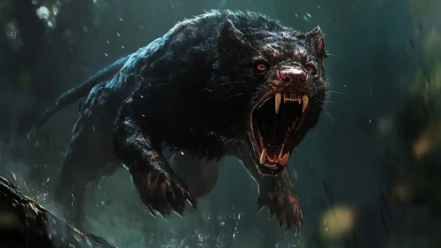 Ferocious black panther lunges through a stormy jungle night.