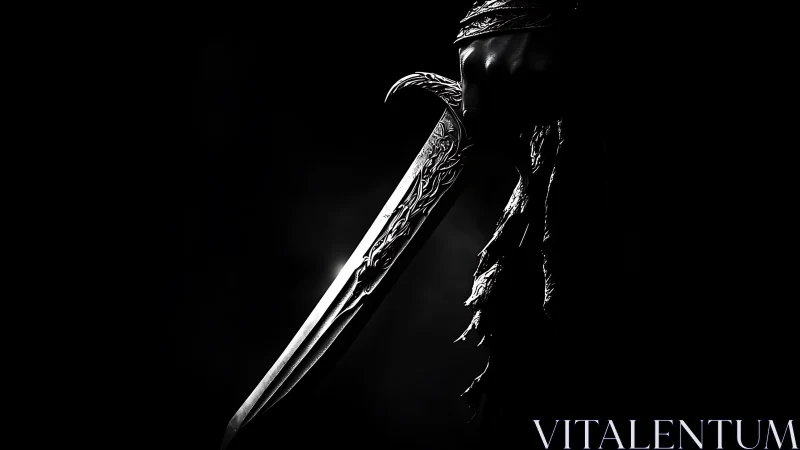 Warrior’s ornate sword emerges from deep shadowed darkness.