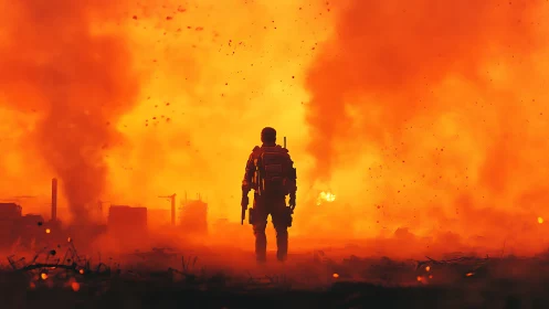 Solitary figure stands silhouetted against orange atmospheric haze.