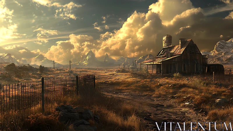 Deserted farmhouse broods beneath storm-lit mountain skies