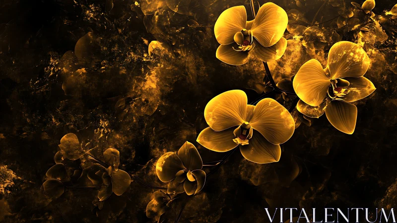 Golden orchids glow against a dark abstract cosmic backdrop