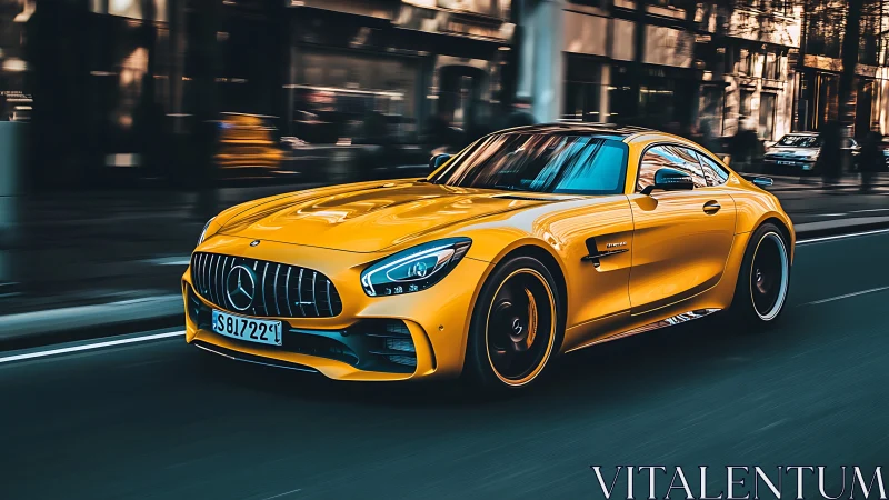 Golden sports car glides through the city in confident motion