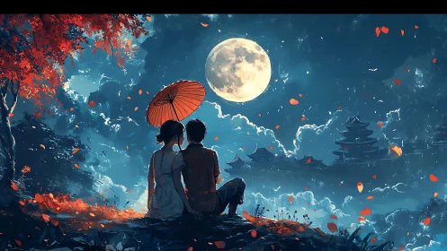 Romantic couple beneath full moon over ancient pagodas.