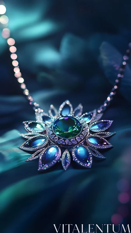 Macro closeup of teal gemstone starburst pendant on silk