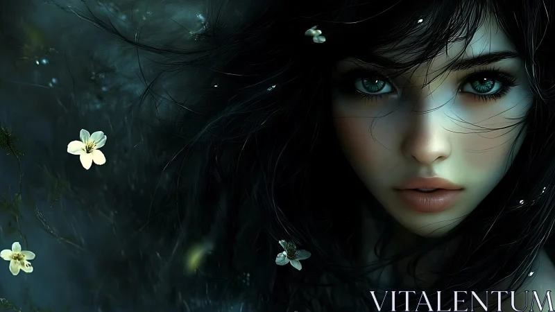 Mystical digital portrait of girl with teal glowing eyes.