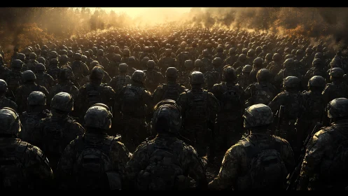 Vast armored battalion advancing into blazing dusk light.