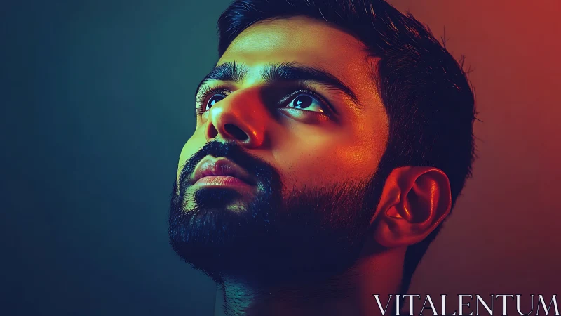 Luminous male portrait under vivid dual color lighting.