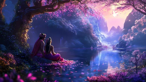 Two figures sit at mystical landscape with glowing water