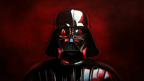 Helmeted figure is centered against uniform red gradient backdrop