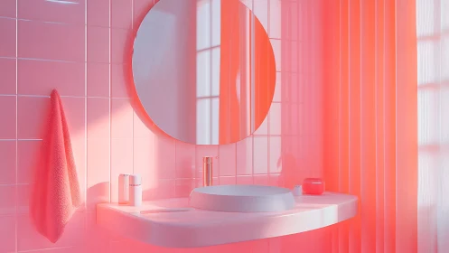 Soft neon-lit bathroom vanity in monochrome pink glow.
