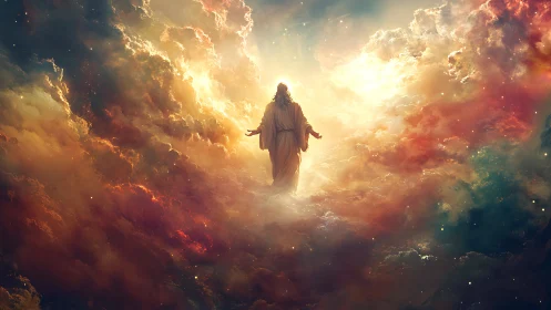 Figure in luminous clouds with diffuse celestial light.