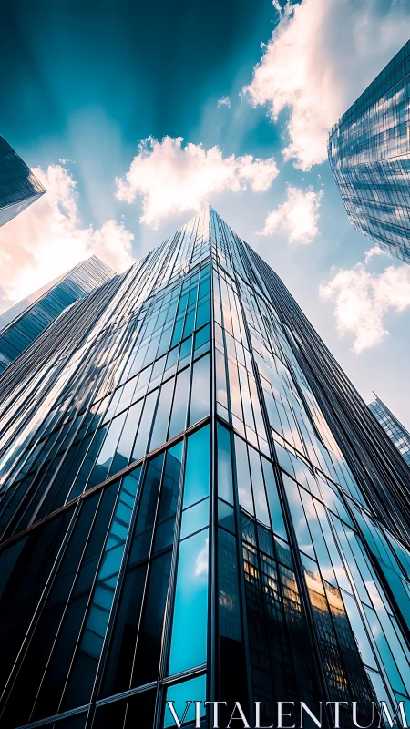 Glass skyscraper rising into blue sky with bright clouds.