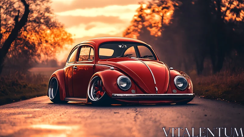 Sunset-slammed red beetle cruises a molten country road.