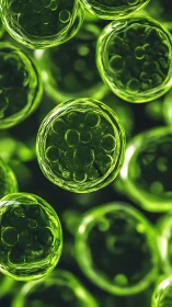 Green microscopic cellular spheres with internal structures.