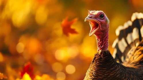 Autumn sunlight catches a wild turkey calling into golden air