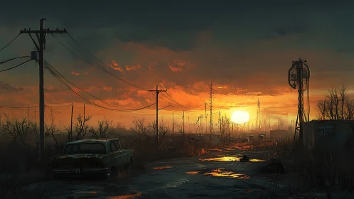 Post-industrial sunset corridor with derelict grid infrastructure.