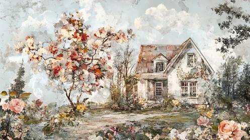 Watercolor cottage with blooming garden and airy floral groundplane.
