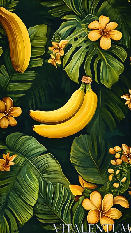 Bananas with tropical florals in stylized botanical pattern.