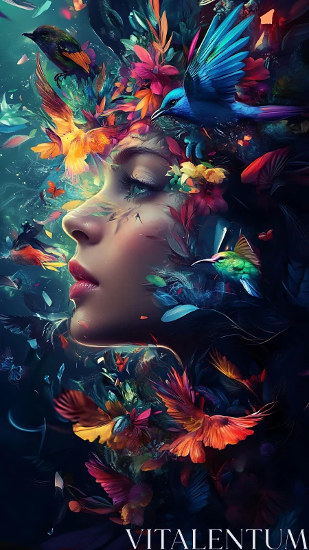 Neural chromatic portrait with avian particulate bloom dynamics.