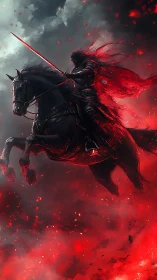 Flaming shadow rider surges through stormlit crimson sky