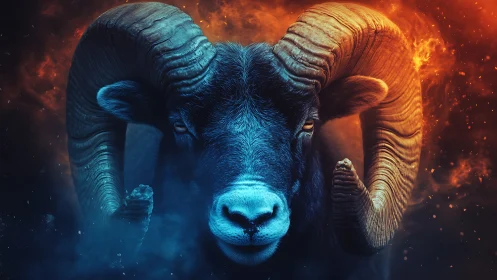 Fiery and frosty ram stands strong between smoke and flame