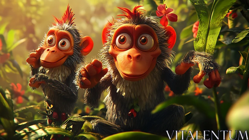 Two cartoon jungle monkeys with flowers in foliage.