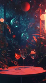Chromatic wine glasses under neon cosmic garden lighting