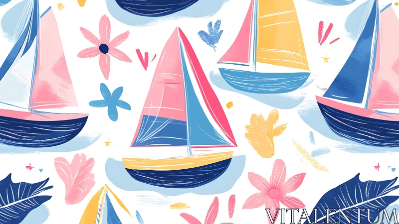 Colorful stylized sailboats repeat across white floral background