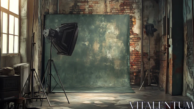 Portrait studio backdrop in worn industrial interior space.