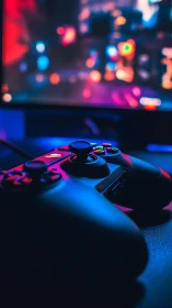 Gaming controller positioned on surface with blurred cityscape backdrop