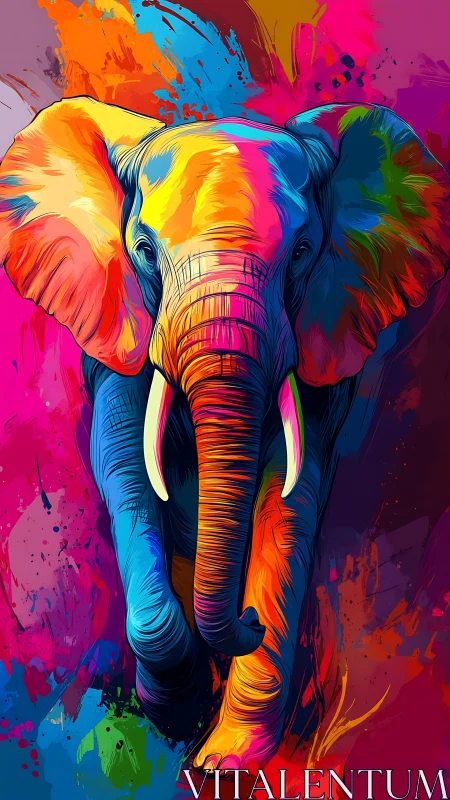 Chromatic elephant strides through saturated abstract splashes