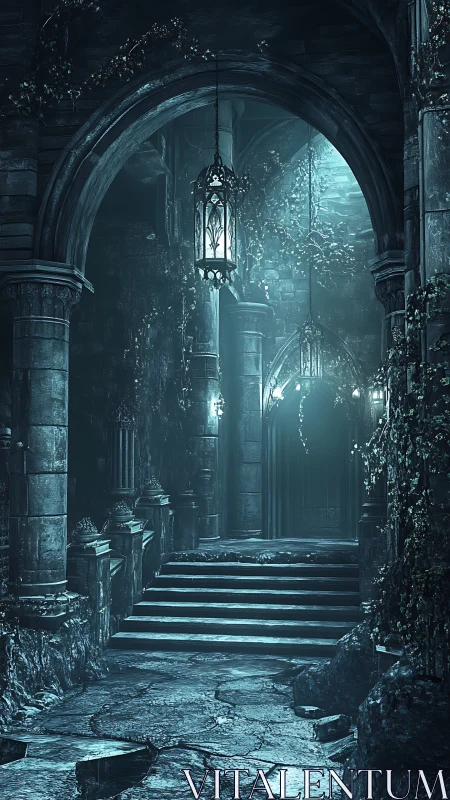 Moonlit ivy whispers over the forgotten gothic stairway