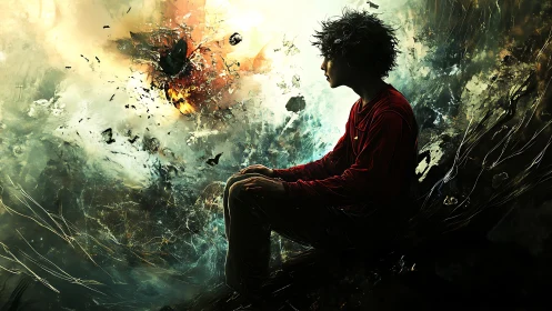 Solitary youth contemplates chaos within a storm of light