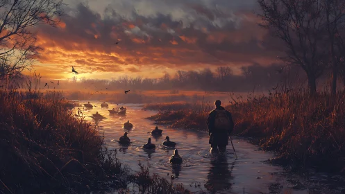 Hunter wading through duck-filled marsh at blazing dawn.