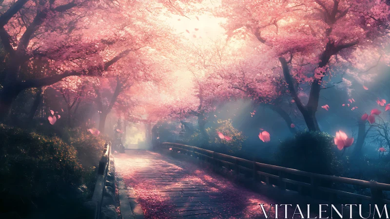 Cherry blossom walkway under ethereal morning light.